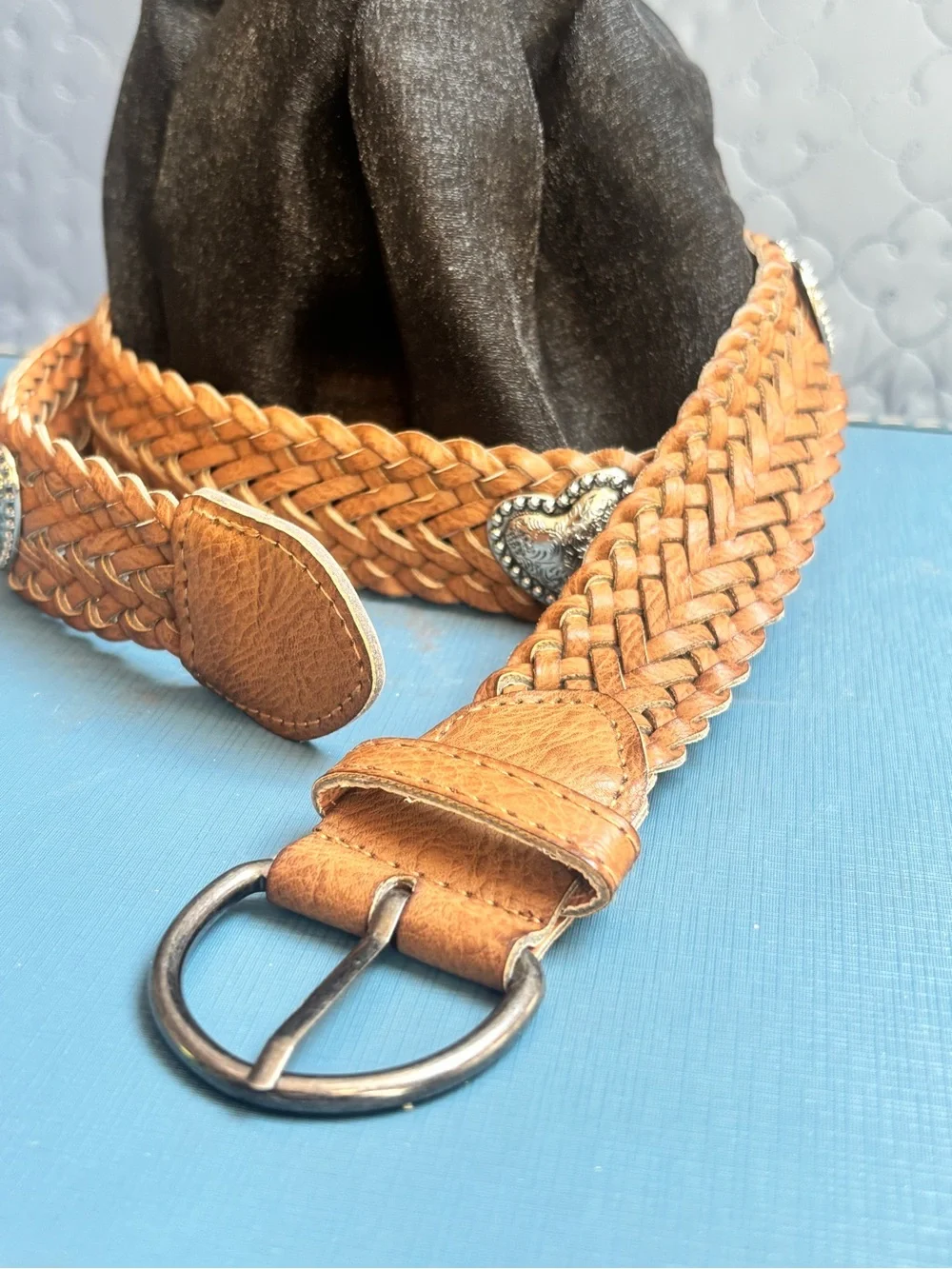 Brown Leather Weaved Southwestern Cowgirl Belt L With Silver Toned